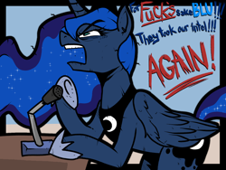 Size: 1600x1200 | Tagged: safe, artist:anonymous, derpibooru import, princess luna, alicorn, pony, /mlp/, 4chan, annoyed, crown, female, hoof shoes, jewelry, mare, microphone, open mouth, peytral, regalia, solo, speech bubble, team fortress 2, vulgar, yelling