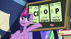 Size: 1920x1067 | Tagged: safe, derpibooru import, edit, edited screencap, editor:notxweeb, screencap, twilight sparkle, twilight sparkle (alicorn), alicorn, pony, the hooffields and mccolts, chalk, chalkboard, chemistry, chlorine, female, mare, meme, oxygen, phosphorus, photo, science, spanish