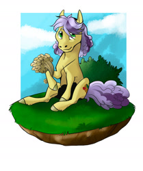 Size: 1280x1530 | Tagged: safe, artist:sandieflower, derpibooru import, oc, oc only, oc:fall harvest, earth pony, pony, female, filly, food, magical lesbian spawn, offspring, parent:applejack, parent:inky rose, parents:inkyjack, sitting, solo, wheat