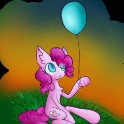 Size: 1024x1024 | Tagged: safe, artist:nkobox, derpibooru import, pinkie pie, earth pony, pony, balloon, eye clipping through hair, sitting, solo