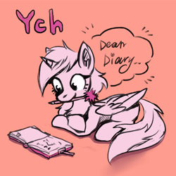 Size: 4000x4000 | Tagged: safe, derpibooru import, earth pony, pegasus, pony, unicorn, book, commission, cute, dear, deardiary, diary, solo, ych sketch, your character here