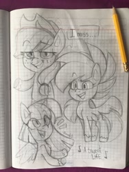 Size: 1536x2048 | Tagged: safe, artist:dymitre, derpibooru import, applejack, rainbow dash, twilight sparkle, twilight sparkle (alicorn), alicorn, earth pony, pegasus, pony, my little pony: pony life, bedroom eyes, bust, female, freckles, graph paper, grin, hat, horn, lineart, mare, smiling, traditional art, wings