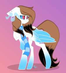 Size: 1746x1933 | Tagged: safe, artist:donnie-moon, derpibooru import, oc, oc only, pegasus, pony, clothes, coat markings, female, gradient background, looking back, mare, pegasus oc, scarf, socks (coat marking), solo, sombra eyes, wings