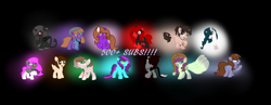 Size: 2849x1105 | Tagged: safe, artist:aonairfaol, derpibooru import, oc, oc only, earth pony, pony, unicorn, base used, black background, earth pony oc, female, group, hat, horn, mare, milestone, simple background, smiling, unicorn oc