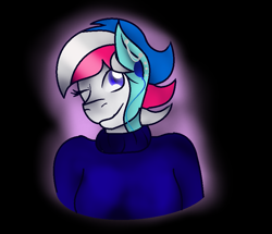 Size: 845x727 | Tagged: safe, artist:aonairfaol, derpibooru import, oc, oc only, anthro, earth pony, black background, bust, clothes, earth pony oc, one eye closed, simple background, smiling, solo, wink