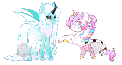 Size: 1500x800 | Tagged: safe, artist:lavvythejackalope, derpibooru import, oc, oc only, alicorn, bat pony, bat pony alicorn, pony, alicorn oc, bat wings, chest fluff, clothes, duo, female, heterochromia, hoof fluff, horn, mare, rearing, simple background, smiling, socks, transparent background, wings