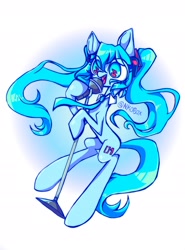 Size: 2000x2700 | Tagged: safe, artist:nkobox, derpibooru import, earth pony, pony, gradient background, hatsune miku, kotobukiya, kotobukiya hatsune miku pony, microphone, necktie, ponified, singing, solo, vocaloid, wingding eyes