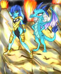 Size: 1400x1700 | Tagged: safe, artist:foxgearstudios, derpibooru import, princess ember, anthro, digitigrade anthro, dragon, equestria girls, abstract background, armor, cave, clothes, dragoness, duo, equestria girls-ified, female