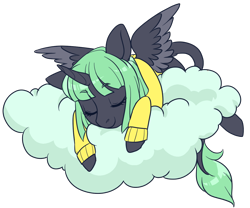 Size: 1200x1000 | Tagged: safe, artist:lavvythejackalope, derpibooru import, oc, oc only, alicorn, alicorn oc, clothes, cloud, commission, eyes closed, horn, leonine tail, on a cloud, simple background, sleeping, smiling, solo, transparent background, two toned wings, wings, ych result