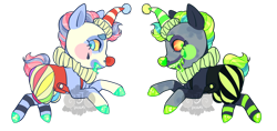 Size: 1000x470 | Tagged: safe, artist:lavvythejackalope, derpibooru import, oc, oc only, earth pony, pony, clothes, clown, duo, earth pony oc, face paint, hat, jester hat, rearing, simple background, transparent background