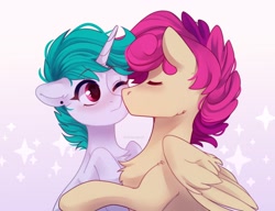 Size: 3000x2300 | Tagged: safe, artist:whiteliar, derpibooru import, part of a set, oc, oc only, oc:hazel, oc:wallparty, pegasus, pony, unicorn, commission, kissing, ych result