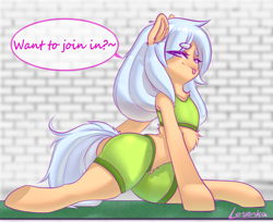 Size: 3300x2688 | Tagged: safe, artist:lesenka, derpibooru import, oc, oc only, oc:lesenka, bat pony, pony, :p, alternate hairstyle, art, blurry background, butt, chest fluff, clothes, cute, dialogue, ear fluff, ears, eye clipping through hair, eyebrows, eyebrows visible through hair, female, fitness, looking at you, mare, nudity, plot, rule 34, sexy, shorts, signature, sitting, smiling, smirk, solo, speech bubble, talking to viewer, tongue, tongue out, underhoof
