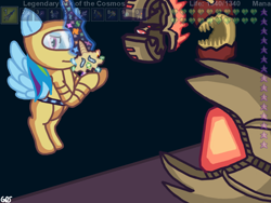 Size: 800x600 | Tagged: safe, artist:mudkip91/tetrahedron, derpibooru import, rainbow dash, armor, calamity mod, cataclysm, catastrophe, crossover, drawing, fight, night, overlay, supreme calamitas, sword, terraria, terraria calamity, ui, video game, weapon