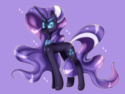 Size: 4000x3000 | Tagged: safe, artist:averyskies36, derpibooru import, nightmare rarity, pony, unicorn, blue eyes, colored pupils, crown, eyelashes, female, flowing mane, flowing tail, gem, horn, jewelry, lidded eyes, looking at you, necklace, purple background, purple mane, purple tail, regalia, simple background, smiling, solo, sparkles, tail