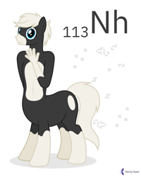 Size: 4000x5000 | Tagged: safe, artist:parclytaxel, derpibooru import, oc, oc only, oc:nonce equitaur, anthro, centaur, taur, series:joycall6's periodic table, .svg available, absurd resolution, anthro centaur, belly button, chemistry, coat markings, commission, conway's game of life, hand, looking at you, nihonium, periodic table, simple background, smiling, socks (coat marking), solo, vector, white background