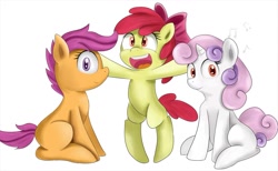 Size: 1190x735 | Tagged: safe, artist:zokkili, derpibooru import, apple bloom, scootaloo, sweetie belle, earth pony, pegasus, pony, unicorn, apple bloom's bow, bipedal, bow, cutie mark crusaders, esophagus, female, filly, hair bow, music notes, open mouth, simple background, trio, trio female, volumetric mouth, white background, wrong eye color