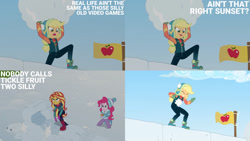 Size: 1280x720 | Tagged: safe, derpibooru import, edit, edited screencap, editor:quoterific, screencap, applejack, pinkie pie, sunset shimmer, better together, equestria girls, holidays unwrapped, eyes closed, female, food, open mouth, saving pinkie's pie, snow, snowball, snowball fight, souffle