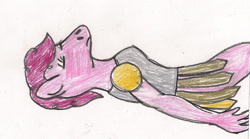 Size: 1342x744 | Tagged: safe, artist:ajkiel91, derpibooru import, pinkie pie, anthro, armor, clothes, female, lying down, on back, solo, traditional art