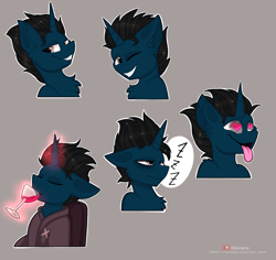 Size: 5000x4722 | Tagged: safe, artist:kianara, derpibooru import, oc, oc only, oc:slashing prices, pony, unicorn, alcohol, bags under eyes, bust, cel shading, chair, clothes, commission, cutie mark, drinking, ear fluff, ears, eyes closed, glass, grin, heart eyes, horn, lidded eyes, looking at you, magic, one eye closed, onomatopoeia, open mouth, patreon, patreon logo, portrait, red wine, robe, shading, sitting, smiling, smirk, smug, solo, sound effects, sticker, sticker pack, sticker set, tired, tongue, tongue out, twitter link, unicorn oc, watermark, wine, wine glass, wingding eyes, wink, winking at you, zzz
