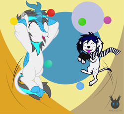 Size: 1307x1205 | Tagged: safe, artist:wheatley r.h., derpibooru exclusive, derpibooru import, oc, oc only, oc:blizzard flare, dog, kirin, circle, clothes, cloven hooves, dalmatian, eyes closed, female, happy, happy birthday, jumping, mare, scarf, vector, watermark