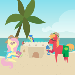 Size: 2160x2160 | Tagged: safe, anonymous artist, derpibooru import, big macintosh, fluttershy, oc, oc:late riser, earth pony, pegasus, pony, series:fm family vacation, series:fm holidays, baby, baby pony, beach, bucket, clothes, colt, female, fluttermac, hat, hoof hold, male, mare, offspring, one-piece swimsuit, palm tree, parent:big macintosh, parent:fluttershy, parents:fluttermac, pointy ponies, sandcastle, shipping, sitting, spade, stallion, straight, sun hat, sunglasses, swimming trunks, swimsuit, tree