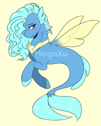 Size: 1280x1591 | Tagged: safe, artist:mingoxu, derpibooru import, oc, oc only, seapony (g4), blue mane, dorsal fin, female, fin wings, fins, fish tail, flowing tail, jewelry, necklace, pearl necklace, purple eyes, simple background, solo, tail, watermark, wings, yellow background