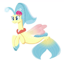 Size: 1280x1272 | Tagged: safe, artist:scoopedmelon, derpibooru import, princess skystar, seapony (g4), my little pony: the movie, blue eyes, blue mane, dorsal fin, female, fin wings, fins, fish tail, flower, flower in hair, flowing tail, jewelry, necklace, pearl necklace, simple background, smiling, solo, tail, white background, wings