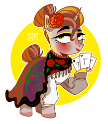 Size: 2400x2769 | Tagged: safe, artist:annoyingsoap, derpibooru import, oc, oc only, oc:tarot trot, pony, unicorn, blushing, cape, card, clothes, ear piercing, earring, eyeshadow, female, flower, flower in hair, jewelry, lipstick, makeup, mare, piercing, raised hoof, raised leg, rose, scarf, shirt, solo, tarot, tarot card, unshorn fetlocks