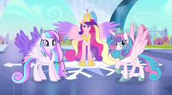 Size: 1024x569 | Tagged: safe, artist:velveagicsentryyt, derpibooru import, princess cadance, princess flurry heart, oc, oc:chryssa, pony, offspring, older, parent:princess cadance, parent:shining armor, parents:shiningcadance