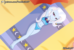 Size: 2800x1900 | Tagged: safe, artist:deadinside97, derpibooru import, trixie, equestria girls, arm behind head, beach, bedroom eyes, clothes, female, grin, high res, looking at you, lying down, on back, patreon, smiling, smiling at you, solo, swimsuit