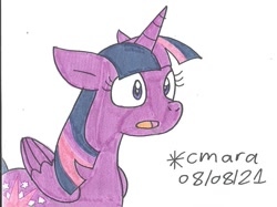 Size: 926x692 | Tagged: safe, artist:cmara, derpibooru import, twilight sparkle, twilight sparkle (alicorn), alicorn, pony, female, mare, open mouth, simple background, solo, traditional art, white background