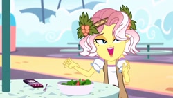 Size: 1266x719 | Tagged: safe, derpibooru import, screencap, vignette valencia, better together, equestria girls, rollercoaster of friendship, cellphone, female, flower, flower in hair, food, fork, open mouth, open smile, phone, salad, smiling, solo