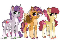 Size: 2886x2048 | Tagged: safe, artist:moccabliss, derpibooru import, apple bloom, scootaloo, sweetie belle, classical unicorn, earth pony, pegasus, pony, unicorn, alternate design, body freckles, chest fluff, cloven hooves, colored hooves, curved horn, cutie mark crusaders, ear fluff, ears, feathered fetlocks, female, filly, freckles, horn, leonine tail, looking at you, simple background, smiling, smiling at you, tail feathers, trio, unshorn fetlocks, white background