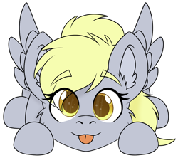 Size: 1208x1072 | Tagged: safe, artist:rokosmith26, derpibooru import, derpy hooves, pegasus, pony, :3, :p, cheek fluff, chibi, cute, ear fluff, ears, eye clipping through hair, eyebrows, eyebrows visible through hair, female, looking at you, lying down, mare, simple background, solo, spread wings, tongue, tongue out, transparent background, wings