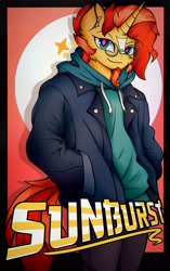 Size: 2566x4096 | Tagged: safe, alternate version, artist:canvymamamoo, sunburst, anthro, unicorn, abstract background, clothes, cloud, ear fluff, ears, facial hair, glasses, goatee, hoodie, jacket, looking at you, male, pants, raised eyebrow, smiling, solo