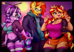 Size: 4096x2876 | Tagged: safe, artist:canvymamamoo, starlight glimmer, sunburst, sunset shimmer, anthro, unicorn, :p, beanie, belly button, big breasts, blushing, breasts, chest fluff, choker, clothes, cloud, double peace sign, ear fluff, ear piercing, earring, ears, facial hair, female, glasses, goatee, hat, hoodie, jacket, jewelry, lidded eyes, looking at you, magical trio, male, mare, midriff, open mouth, pants, peace sign, piercing, raised eyebrow, shorts, skindentation, skirt, smiling, socks, solo, stallion, starlight jiggler, stockings, street lights, striped socks, sunset jiggler, thigh highs, tongue, tongue out, trio