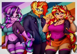 Size: 4096x2876 | Tagged: safe, alternate version, artist:canvymamamoo, starlight glimmer, sunburst, sunset shimmer, anthro, unicorn, :p, abstract background, beanie, belly button, big breasts, blushing, breasts, chest fluff, choker, clothes, double peace sign, ear fluff, ear piercing, earring, ears, facial hair, female, glasses, goatee, hat, hoodie, jacket, jewelry, lidded eyes, looking at you, magical trio, male, mare, midriff, open clothes, open jacket, open mouth, open smile, pants, peace sign, piercing, raised eyebrow, shorts, skirt, smiling, socks, solo, stallion, starlight jiggler, stockings, striped socks, sunset jiggler, thigh highs, tongue, tongue out, trio