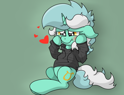 Size: 3796x2916 | Tagged: safe, artist:background basset, lyra heartstrings, pony, unicorn, blushing, clothes, cute, female, heart, hoodie, lyrabetes, simple background, sitting, solo