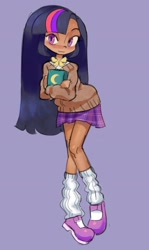 Size: 1141x1920 | Tagged: safe, artist:honeyraine, artist:honeyrainee, derpibooru import, twilight sparkle, human, book, clothes, female, humanized, moderate dark skin, shoes, simple background, skirt, socks, solo, sweater