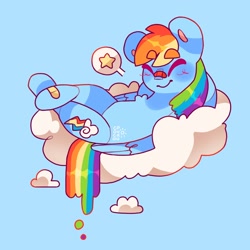 Size: 2500x2500 | Tagged: safe, artist:cocopudu, derpibooru import, rainbow dash, pegasus, pony, bandaid, blue background, cloud, eyebrows, eyebrows visible through hair, eyes closed, lying down, lying on a cloud, nose bandaid, on a cloud, pictogram, simple background, smiling, solo