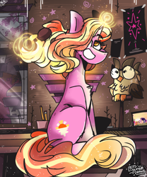 Size: 2500x3000 | Tagged: safe, artist:its_sunsetdraws, derpibooru import, luster dawn, owlowiscious, bird, owl, pony, unicorn, the last problem, bedroom, brush, canterlot, cheek fluff, digital art, fanart, female, hairbrush, mare, pencils, picture, picture frame, solo