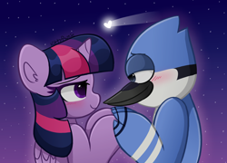 Size: 6800x4900 | Tagged: safe, artist:kittyrosie, derpibooru import, twilight sparkle, twilight sparkle (alicorn), alicorn, bird, pony, blushing, crossover, crossover shipping, female, male, mordecai, mordetwi, night, regular show, shipping, straight