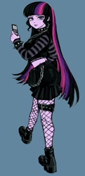 Size: 697x1438 | Tagged: safe, artist:nairdags, derpibooru import, twilight sparkle, equestria girls, alternate hairstyle, boots, cellphone, choker, clothes, female, fishnets, garter, goth, lips, looking at you, looking back, midriff, phone, punklight sparkle, shoes, short shirt, simple background, skirt, solo, spiked choker, spiked wristband, thousand yard stare, wristband