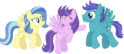 Size: 7921x3496 | Tagged: safe, artist:thatusualguy06, derpibooru import, clear skies, open skies, sunshower, pegasus, pony, tanks for the memories, .ai available, absurd resolution, eyes closed, female, flying, male, mare, pointing, scene interpretation, simple background, smiling, stallion, transparent background, trio, vector