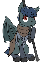 Size: 849x1276 | Tagged: safe, artist:multiverseequine, derpibooru exclusive, derpibooru import, oc, oc only, oc:rough fluff, bat pony, pony, bat pony oc, bat wings, clothes, daybreak island, fangs, looking at you, lucerne, male, red eyes, redraw, scarf, shirt, shoes, simple background, sitting, socks, solo, spread wings, stallion, weapon, white background, wings