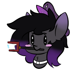 Size: 1792x1656 | Tagged: safe, artist:mimicryfluffoarts, derpibooru import, part of a set, oc, oc only, oc:zenaris blackmour, bat pony, bat pony oc, blushing, cattle prod, collar, does this look like the face of mercy, dyed mane, hat, male, mimicry's silly doodles, stallion, trap