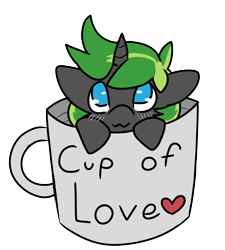 Size: 2136x2376 | Tagged: safe, artist:mimicryfluffoarts, derpibooru import, part of a set, oc, oc:azure slash, pony, unicorn, blushing, chibi, cup, cup of pony, cute, heart, male, micro, mimicry's silly doodles, mug, mug of pony, puppy dog eyes, stallion