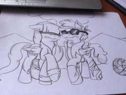 Size: 960x720 | Tagged: safe, artist:millefaller, derpibooru import, pegasus, pony, dipper pines, female, frown, gravity falls, hair over eyes, lineart, male, mare, outdoors, pacifica northwest, ponified, raised hoof, raised leg, stallion, sunglasses, traditional art, wings