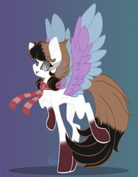 Size: 1835x2358 | Tagged: safe, artist:donnie-moon, derpibooru import, oc, oc only, pegasus, pony, abstract background, clothes, coat markings, female, mare, pegasus oc, scarf, signature, socks (coat marking), sombra eyes, swirly eyes, two toned wings, wings