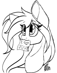 Size: 2309x2995 | Tagged: safe, artist:donnie-moon, derpibooru import, oc, oc only, earth pony, pony, bust, earth pony oc, eye clipping through hair, female, lineart, mare, monochrome, mouth hold, signature, simple background, solo, white background